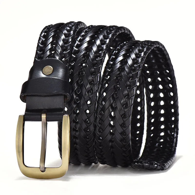 Men’s Braided Leather Belt | Woven Full-Grain Design | Adjustable Classic with Antique Buckle
