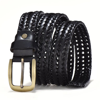 Men’s Braided Leather Belt | Woven Full-Grain Design | Adjustable Classic with Antique Buckle