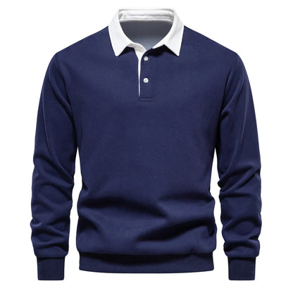 Men’s Long Sleeve Polo Sweatshirt | Ribbed Hem Rugby Style | Casual Smart-Collar Pullover