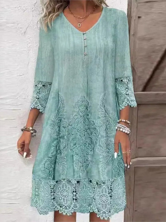 Lace Trim A-Line Dress | Embroidered Detailing | Lightweight Vintage Style