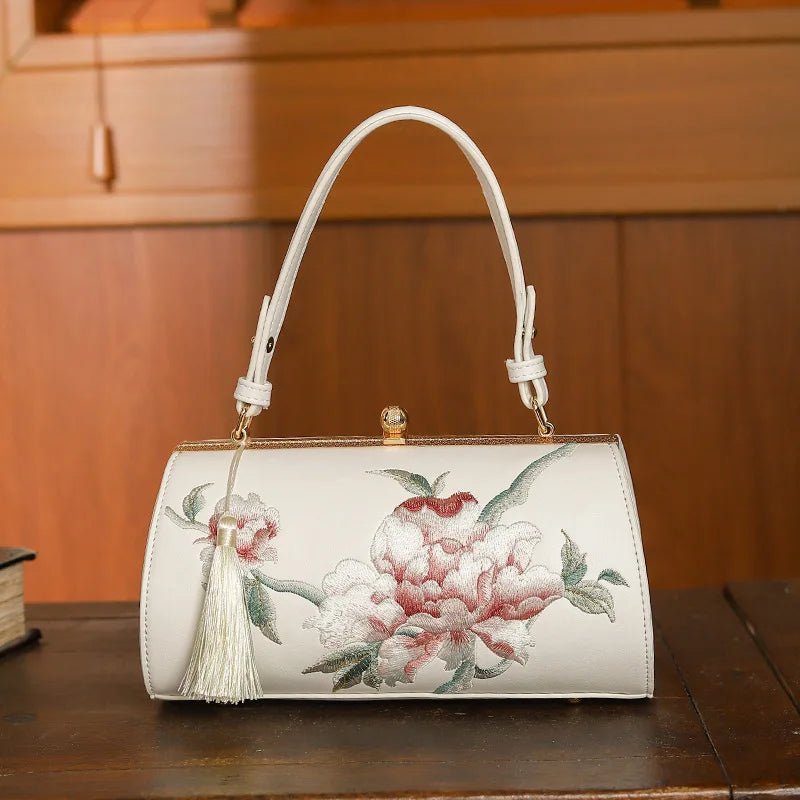 Barrel Clutch Bag with Floral Embroidery | Tassel Detail | Classic Oriental Design