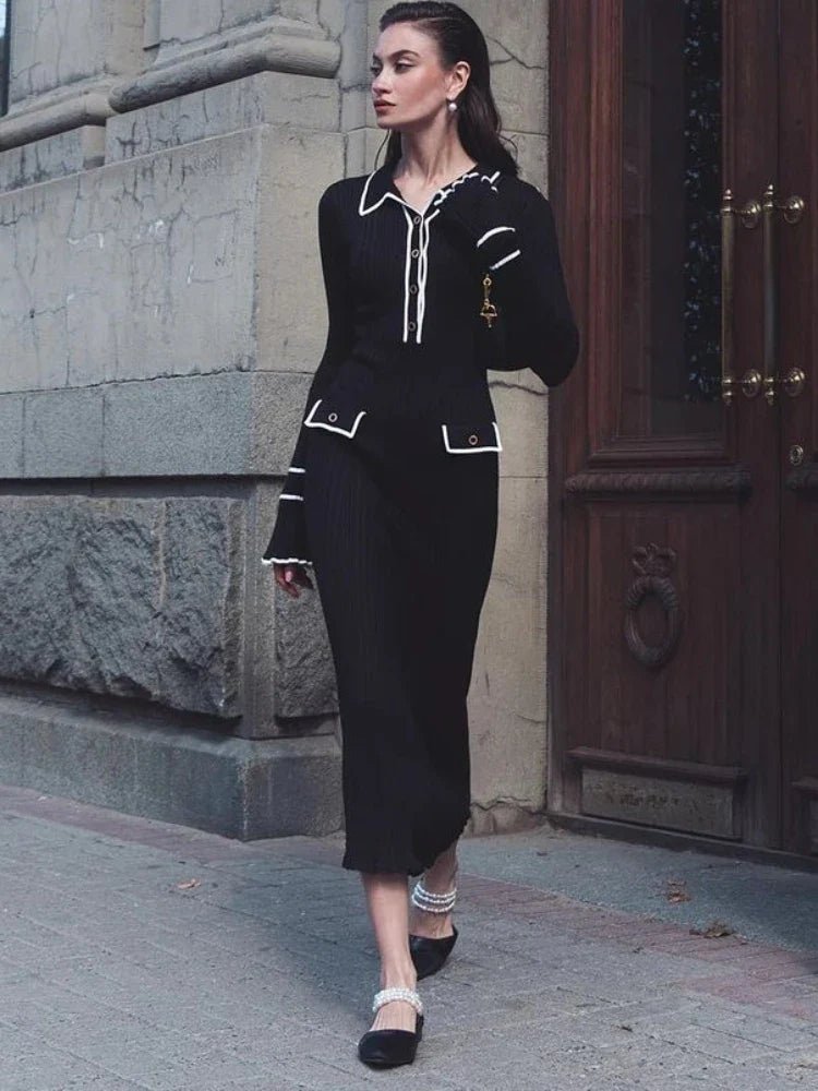 Ruffle Knit Midi Dress | Slim Fit Silhouette | Long Sleeve Design