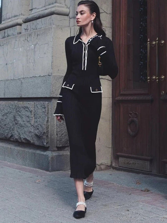 Ruffle Knit Midi Dress | Slim Fit Silhouette | Long Sleeve Design