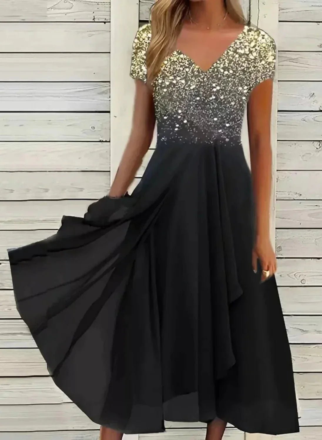 Embellished Chiffon Midi Dress | Sequin Bodice | Flowing Skirt