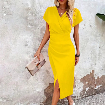 Wrap-Front Midi Dress | Cap Sleeve | Slim Fit with Side Slit