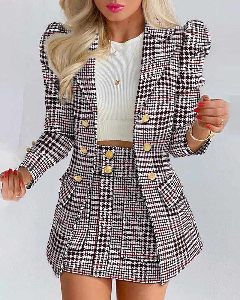Women's Blazer and Skirt Set | Tailored Fit with Houndstooth Check | Button-Front Mini Skirt and Padded Shoulder Blazer