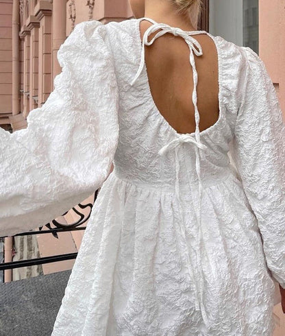 Elegant Textured Mini Dress | Balloon Sleeves & Open Back | Feminine Style