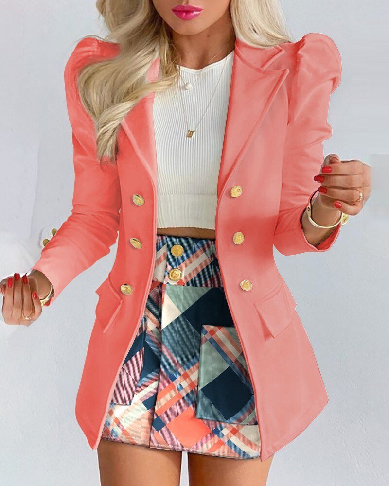 Women's Blazer and Skirt Set | Tailored Fit with Houndstooth Check | Button-Front Mini Skirt and Padded Shoulder Blazer