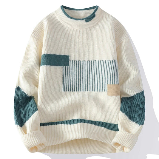 Men’s Abstract Knit Sweater | Colourblock Patchwork Design | Relaxed Textured Pullover