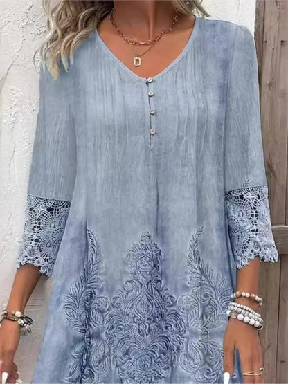 Lace Trim A-Line Dress | Embroidered Detailing | Lightweight Vintage Style