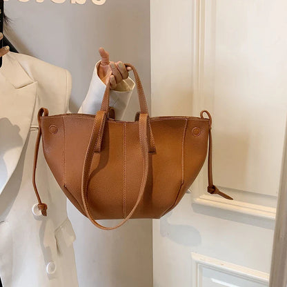 Curved Tote Bag | Dual Handle & Drawstring Detail | Structured PU Leather