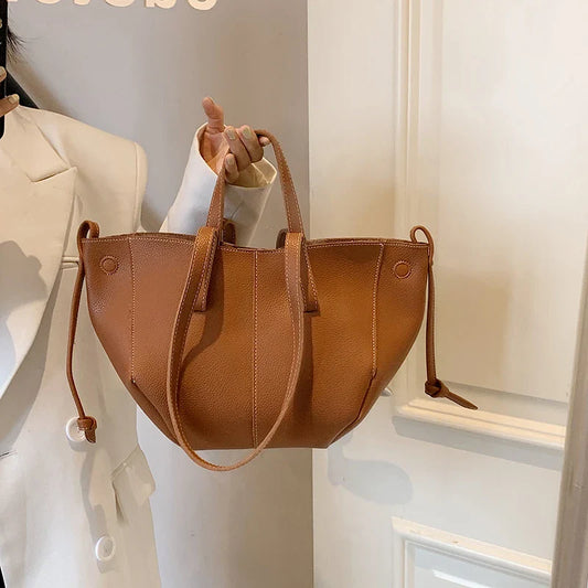 Curved Tote Bag | Dual Handle & Drawstring Detail | Structured PU Leather