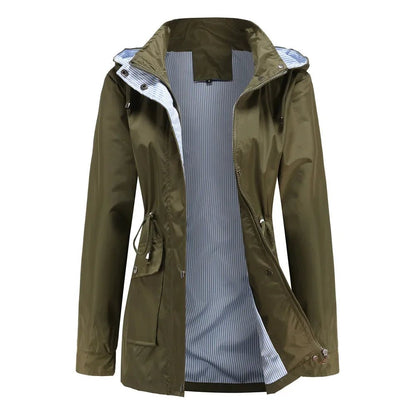 Women's Hooded Rain Jacket | Lightweight Waterproof Shell with Drawstring Waist | Windbreaker for Transitional Weather