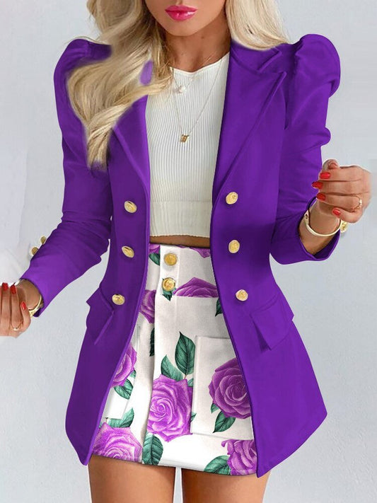 Women's Blazer and Skirt Set | Tailored Fit with Houndstooth Check | Button-Front Mini Skirt and Padded Shoulder Blazer