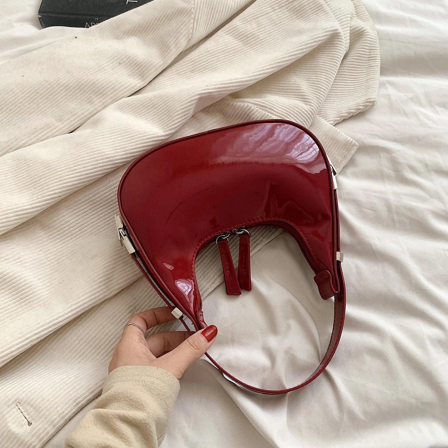 Patent Crescent Bag | Glossy PU Finish & Sculpted Handle | Statement Mini Shoulder Bag