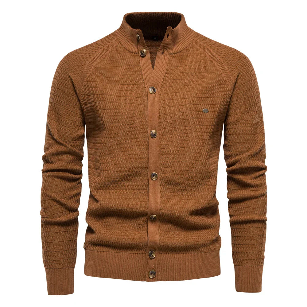 Waffle Knit Button Cardigan | Stand Collar with Chest Pocket Detail