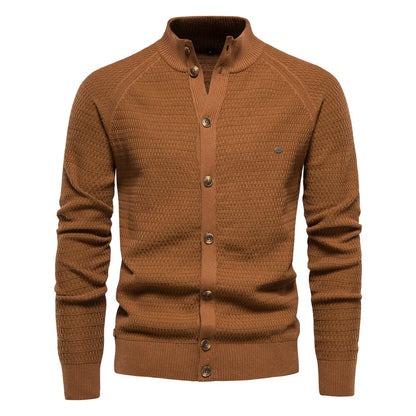 Waffle Knit Button Cardigan | Stand Collar with Chest Pocket Detail