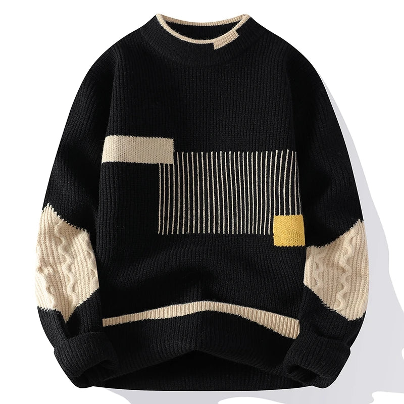 Men’s Abstract Knit Sweater | Colourblock Patchwork Design | Relaxed Textured Pullover