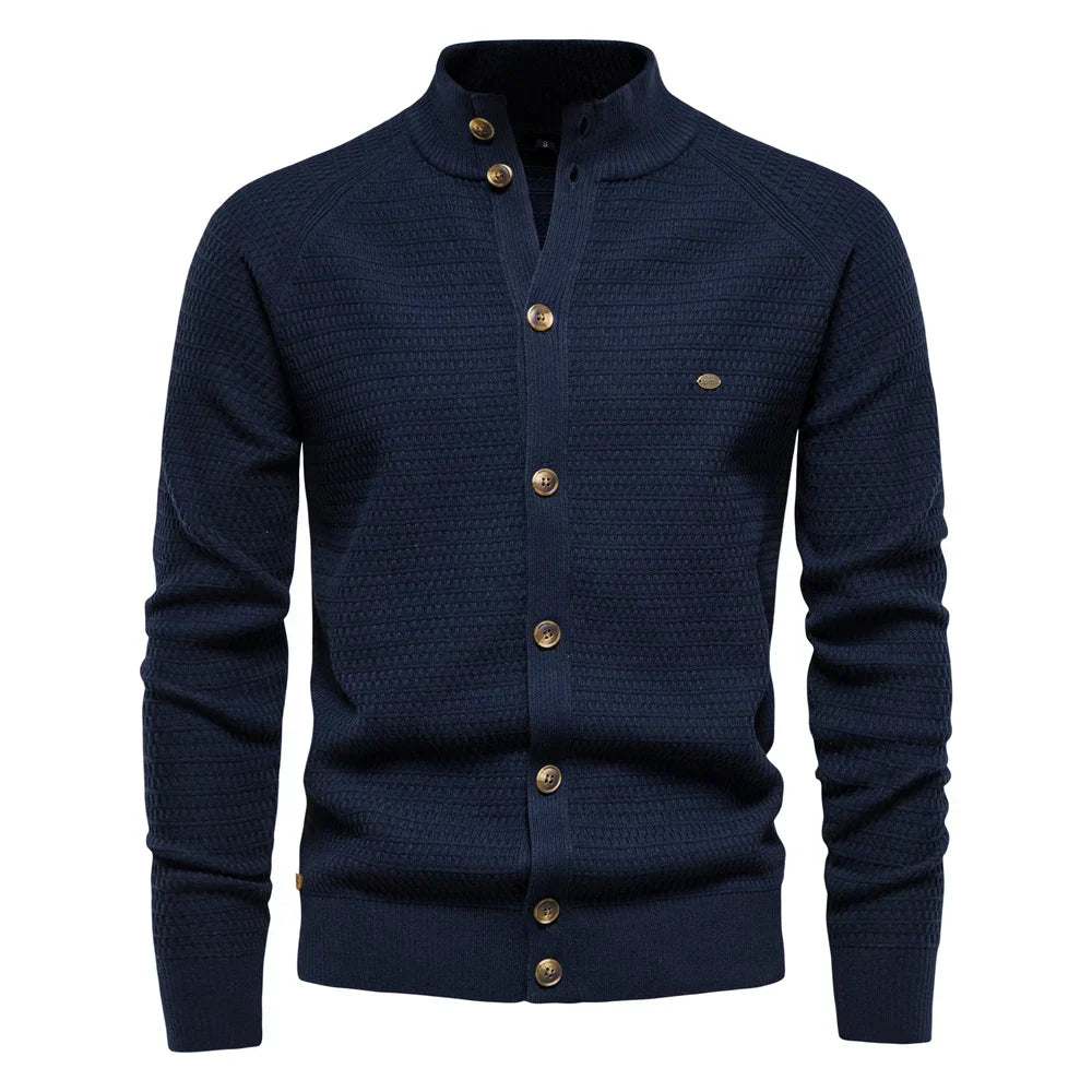 Waffle Knit Button Cardigan | Stand Collar with Chest Pocket Detail