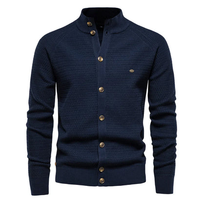 Waffle Knit Button Cardigan | Stand Collar with Chest Pocket Detail