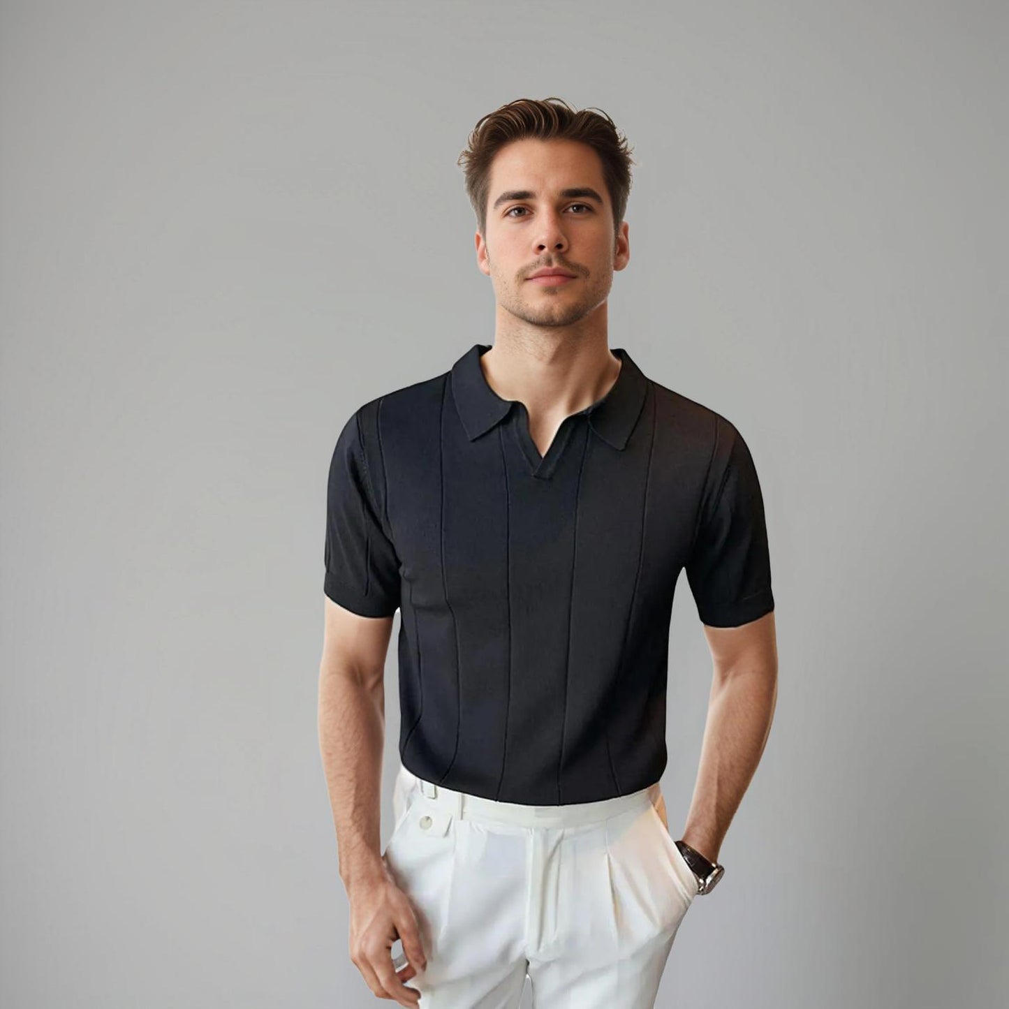Men’s Ribbed Knit Polo Shirt | Short Sleeve Retro Style | Lightweight Summer Top