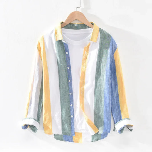 Striped Button-Up Shirt | Lightweight Linen Blend with Rolled Sleeves