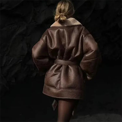 Faux Leather Belted Coat | Shearling Collar | Oversized Fit
