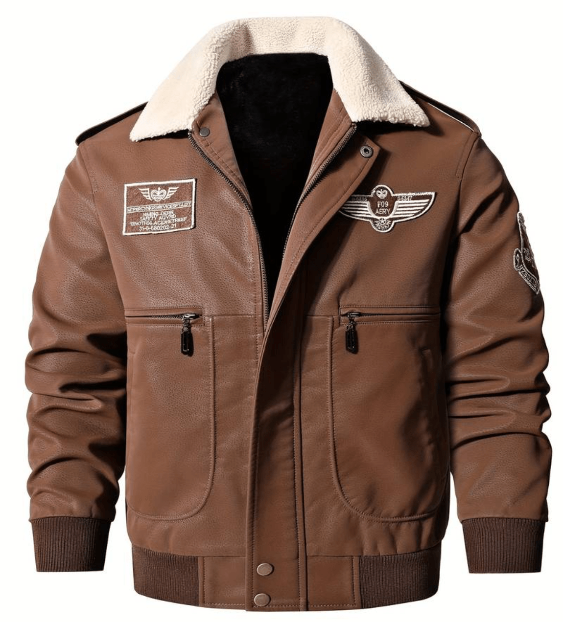 Men's Aviator Jacket | Embroidered Patches | Faux Shearling Collar | Vintage Flight Style