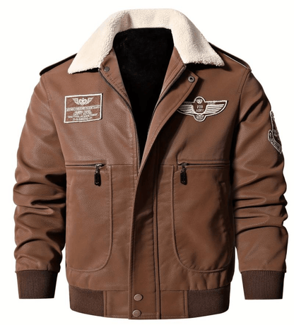 Men's Aviator Jacket | Embroidered Patches | Faux Shearling Collar | Vintage Flight Style