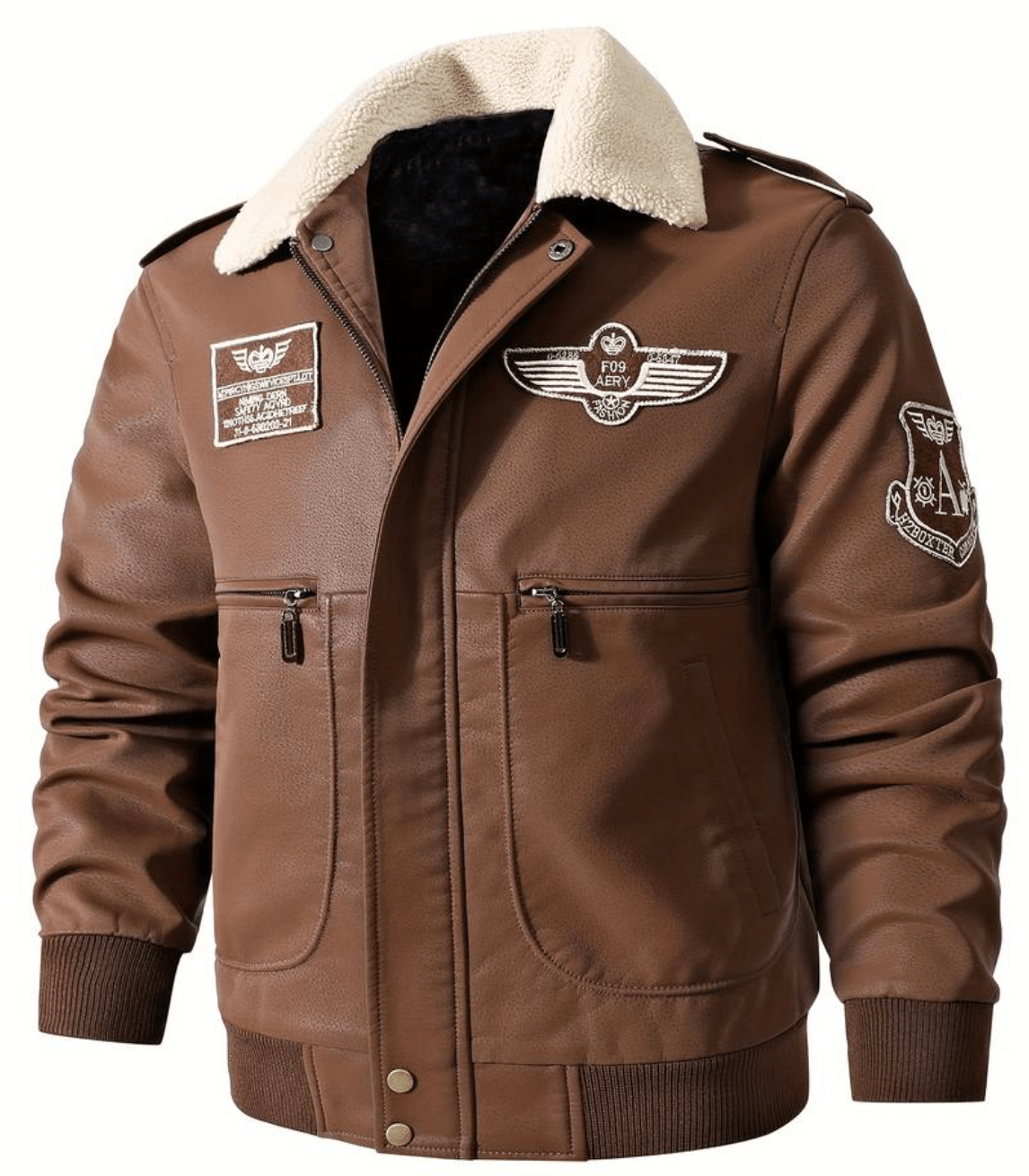 Men's Aviator Jacket | Embroidered Patches | Faux Shearling Collar | Vintage Flight Style