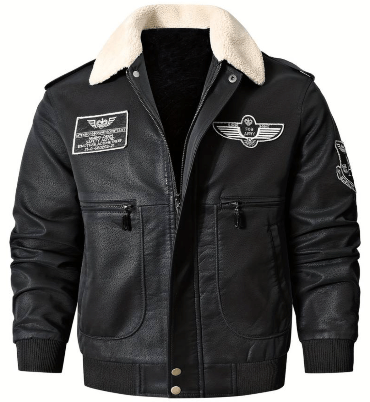 Men's Aviator Jacket | Embroidered Patches | Faux Shearling Collar | Vintage Flight Style
