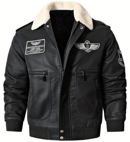 Men's Aviator Jacket | Embroidered Patches | Faux Shearling Collar | Vintage Flight Style