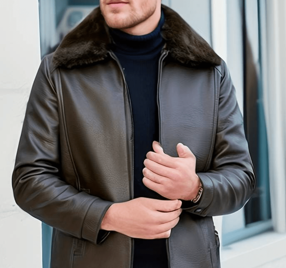 Men's Leather Jacket | Luxe Faux Fur Collar | Genuine Leather | Winter Warmth