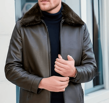 Men's Leather Jacket | Luxe Faux Fur Collar | Genuine Leather | Winter Warmth