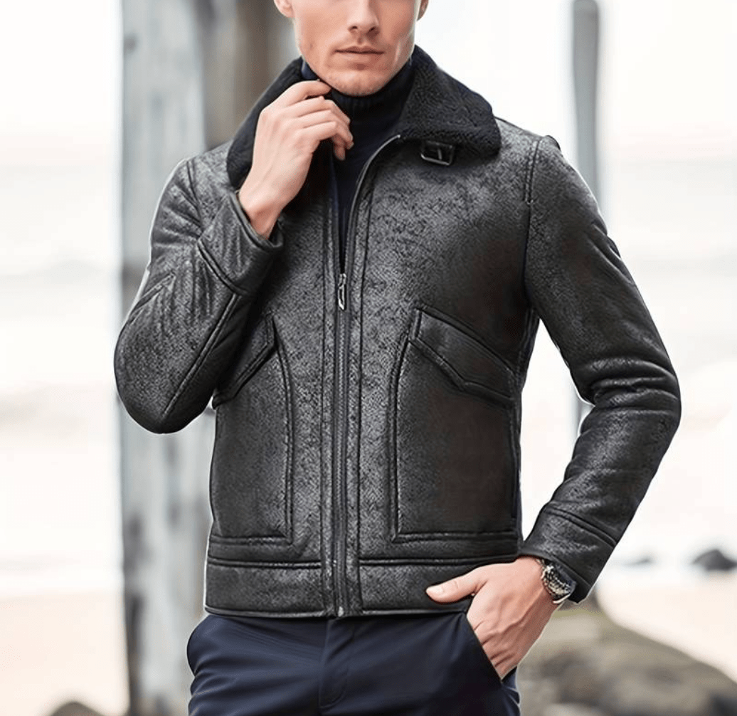 Men's Shearling Aviator Jacket | Genuine Leather | Warm Lined | Classic Flight Style