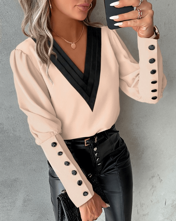 Contrast V-Neck Blouse | Statement Cuff Buttons | Tailored Silhouette