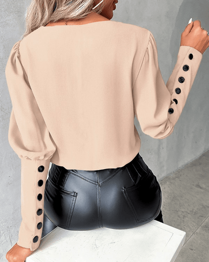 Contrast V-Neck Blouse | Statement Cuff Buttons | Tailored Silhouette