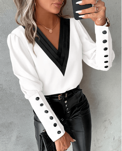 Contrast V-Neck Blouse | Statement Cuff Buttons | Tailored Silhouette