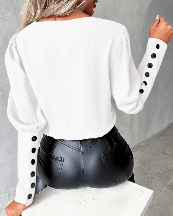 Contrast V-Neck Blouse | Statement Cuff Buttons | Tailored Silhouette