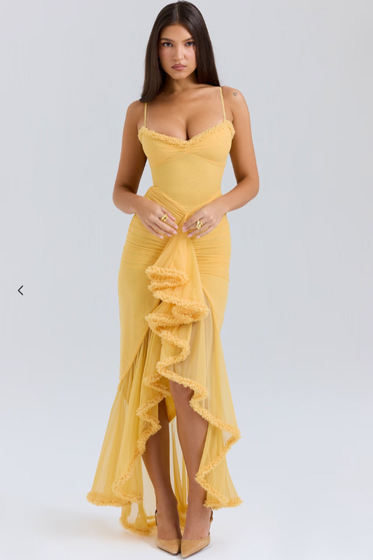 Ruffled Bodycon Gown | Spaghetti Straps & Ruched Front | Satin-Trim Formal Dress