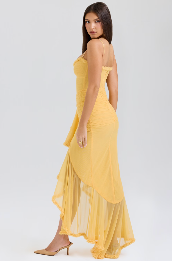 Ruffled Bodycon Gown | Spaghetti Straps & Ruched Front | Satin-Trim Formal Dress