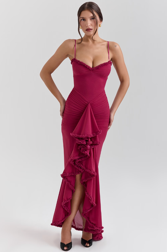 Ruffled Bodycon Gown | Spaghetti Straps & Ruched Front | Satin-Trim Formal Dress