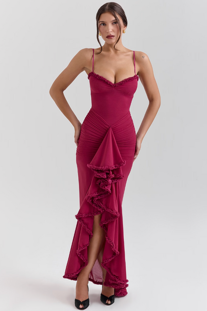 Ruffled Bodycon Gown | Spaghetti Straps & Ruched Front | Satin-Trim Formal Dress