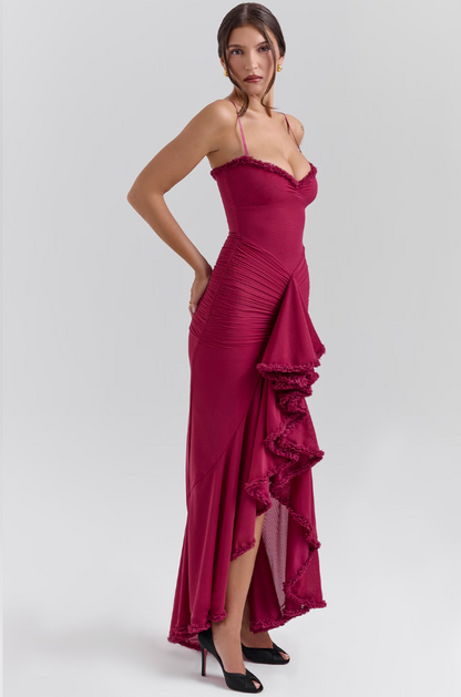 Ruffled Bodycon Gown | Spaghetti Straps & Ruched Front | Satin-Trim Formal Dress