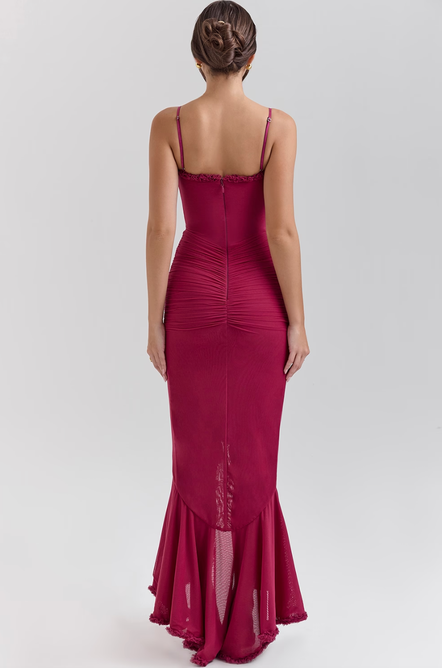 Ruffled Bodycon Gown | Spaghetti Straps & Ruched Front | Satin-Trim Formal Dress