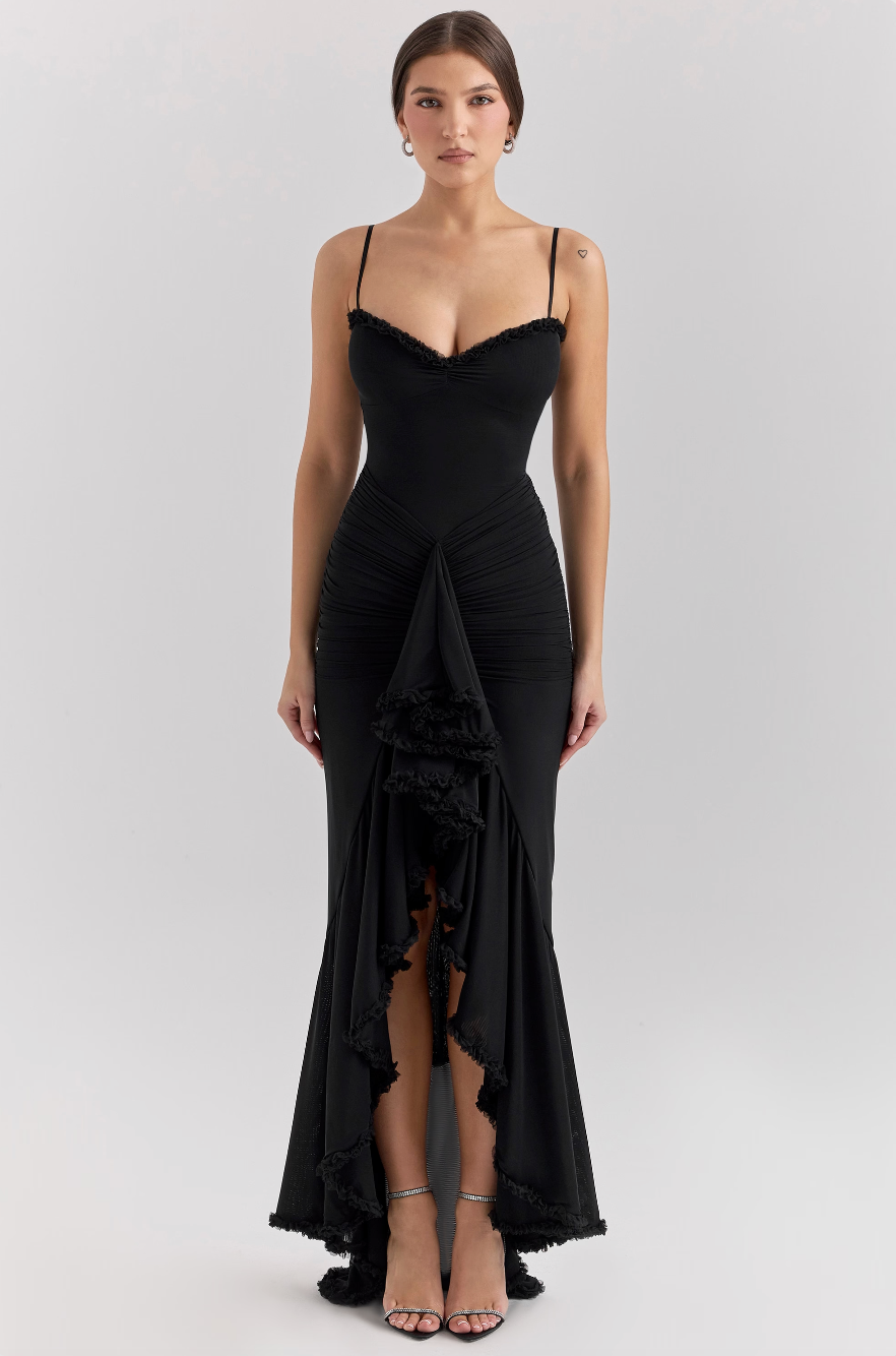 Ruffled Bodycon Gown | Spaghetti Straps & Ruched Front | Satin-Trim Formal Dress