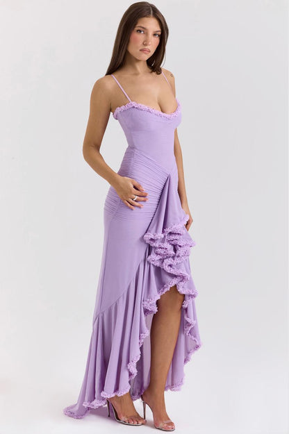 Ruffled Bodycon Gown | Spaghetti Straps & Ruched Front | Satin-Trim Formal Dress