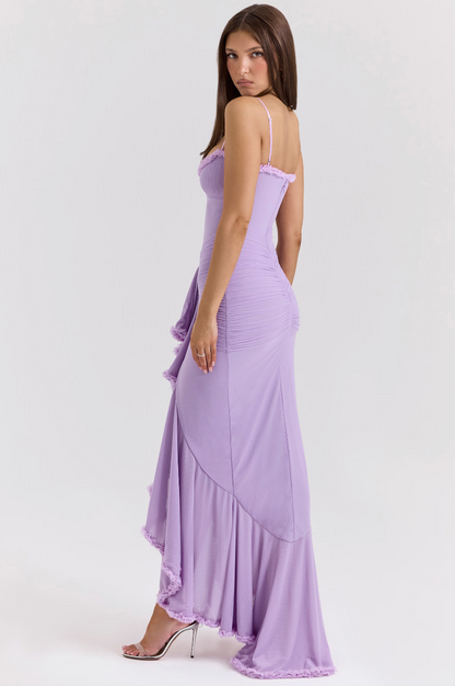 Ruffled Bodycon Gown | Spaghetti Straps & Ruched Front | Satin-Trim Formal Dress