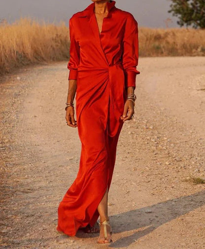 Satin Shirt Dress | Draped Waist Tie | Long Sleeve Elegance