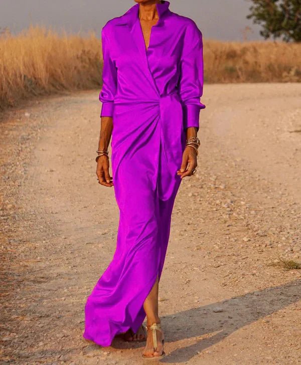 Satin Shirt Dress | Draped Waist Tie | Long Sleeve Elegance